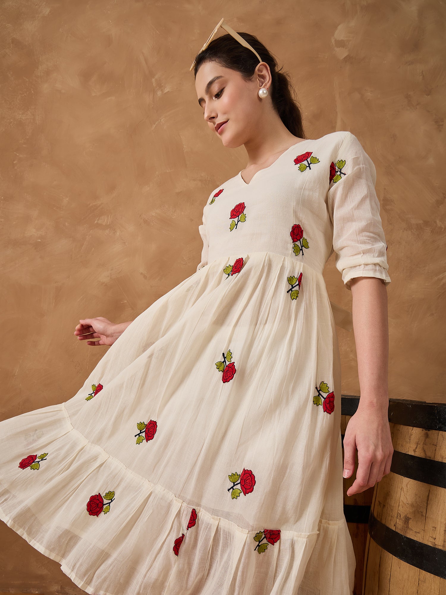 Floral Emb Pure Cotton Fit & Flare Dress
