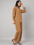 Camel Brown Contrast Lace Shirt With Pant Set