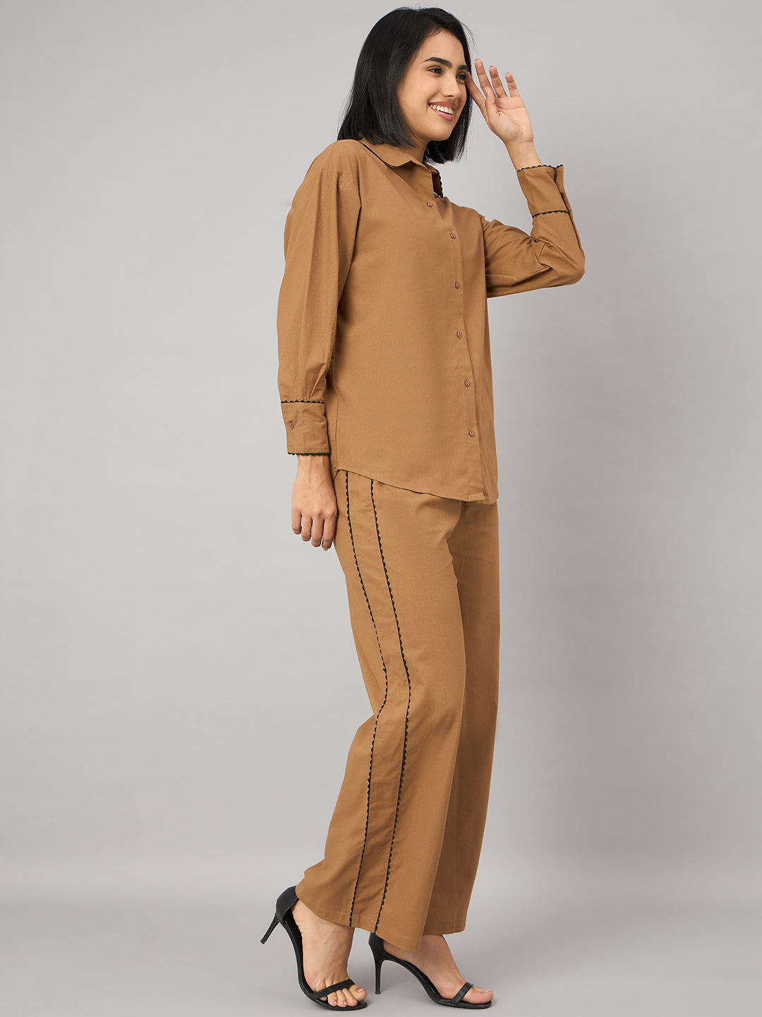Camel Brown Contrast Lace Shirt With Pant Set