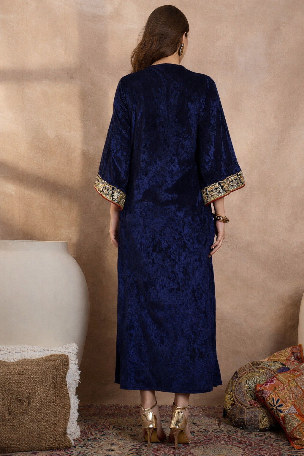 Green V Neck Luxury Velvet Abaya Dress