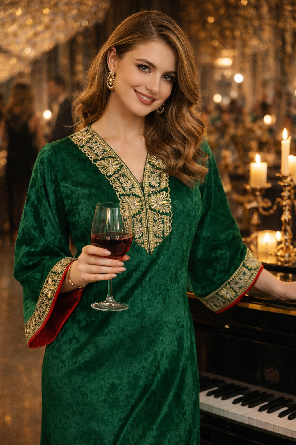 Green V Neck Luxury Velvet Abaya Dress