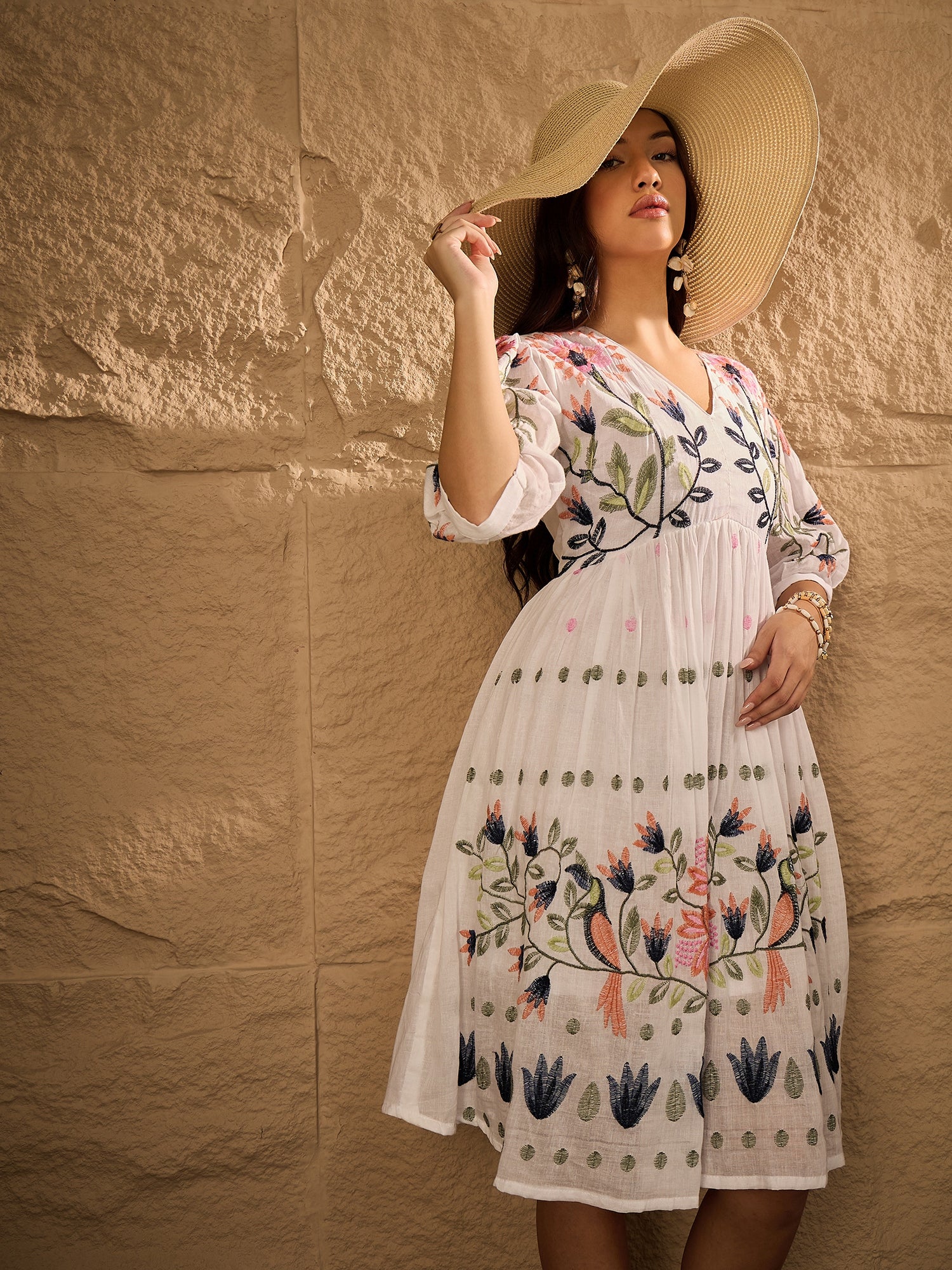 Multi Emb Pure Cotton Fit & Flare Dress