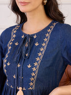 DENIM BLUE EMBROIDERED TIERED A - LINE DRESS