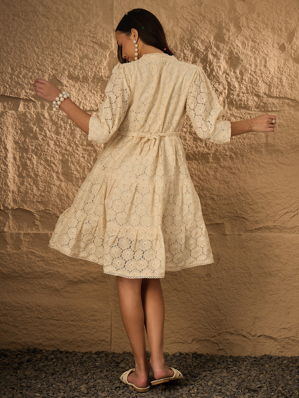 TONAL EMB PURE COTTON FIT & FLARE DRESS