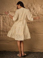 TONAL EMB PURE COTTON FIT & FLARE DRESS