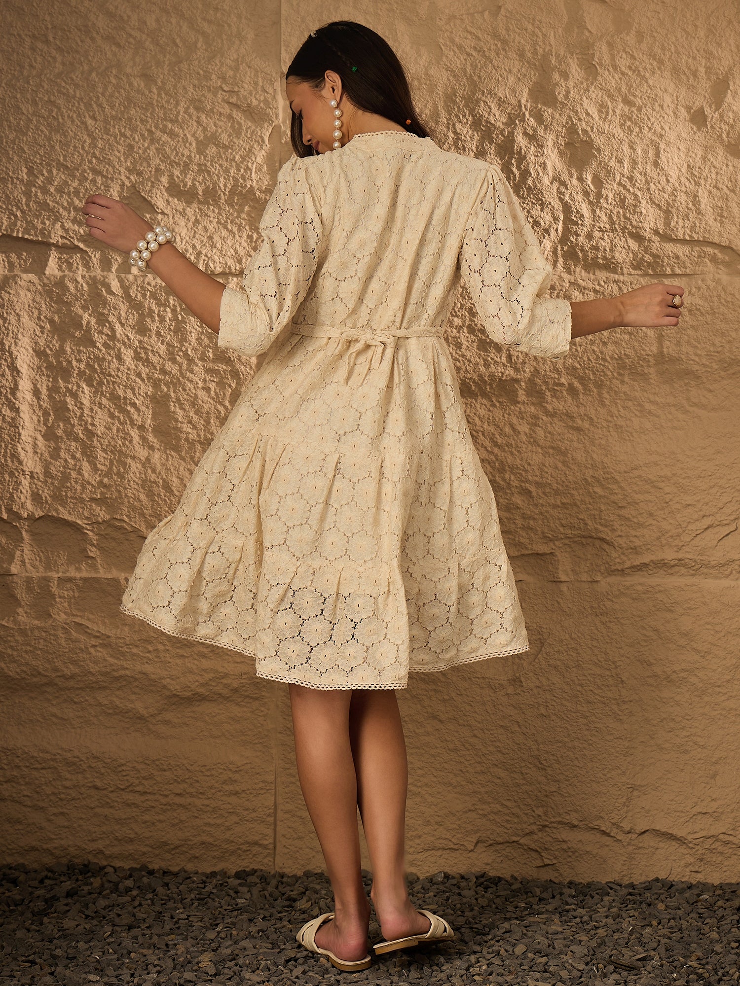 TONAL EMB PURE COTTON FIT & FLARE DRESS