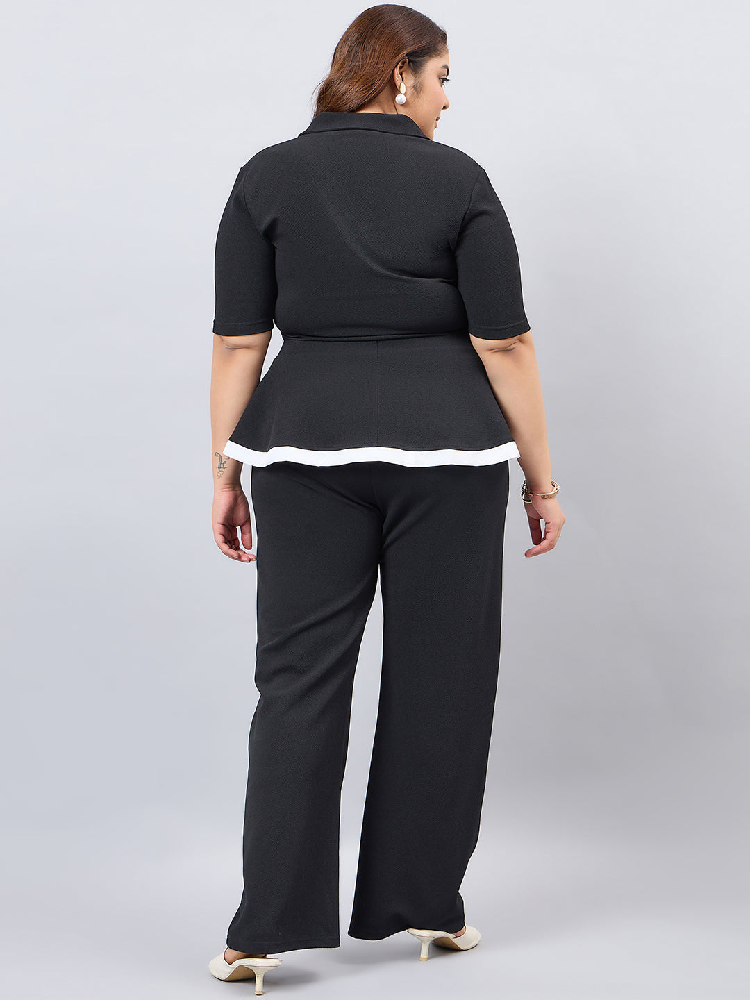 Black V-Neck Top With  Skirt Pant Plus Size Set