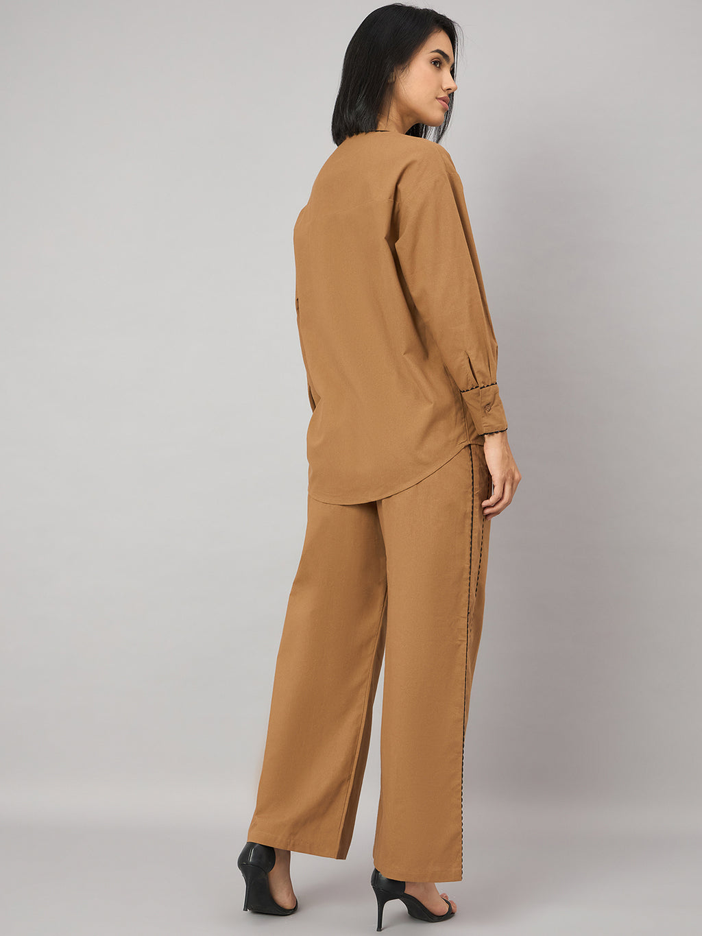 Camel Brown Contrast Lace Shirt With Pant Set