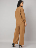 Camel Brown Contrast Lace Shirt With Pant Set