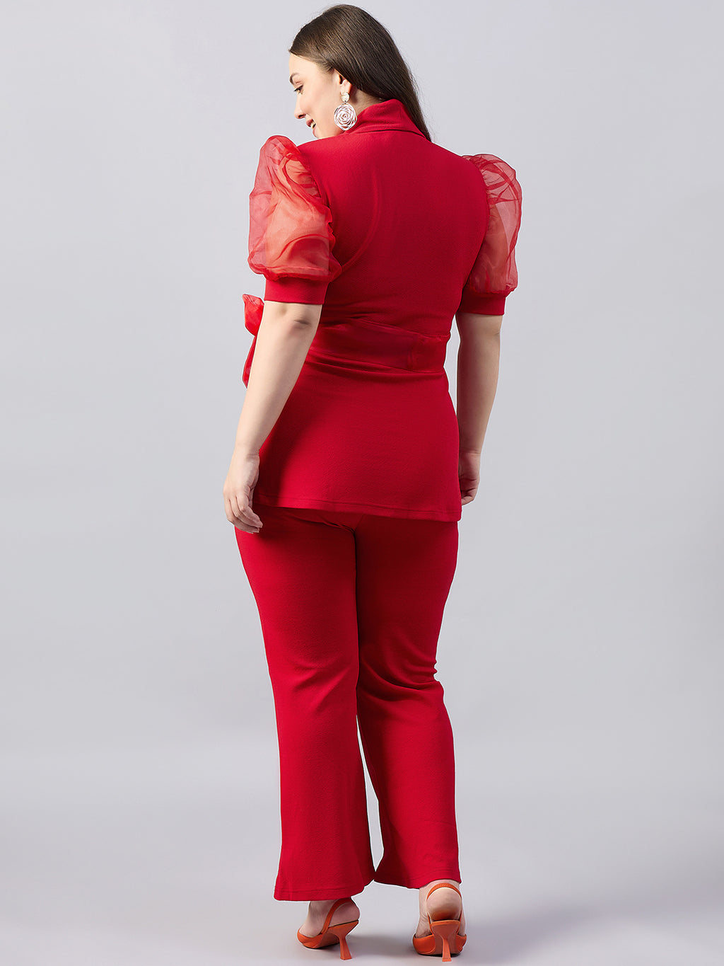 Red Organza Sleeve Lapel Collar Top With Straight Trouser Plus Size Co-Ords