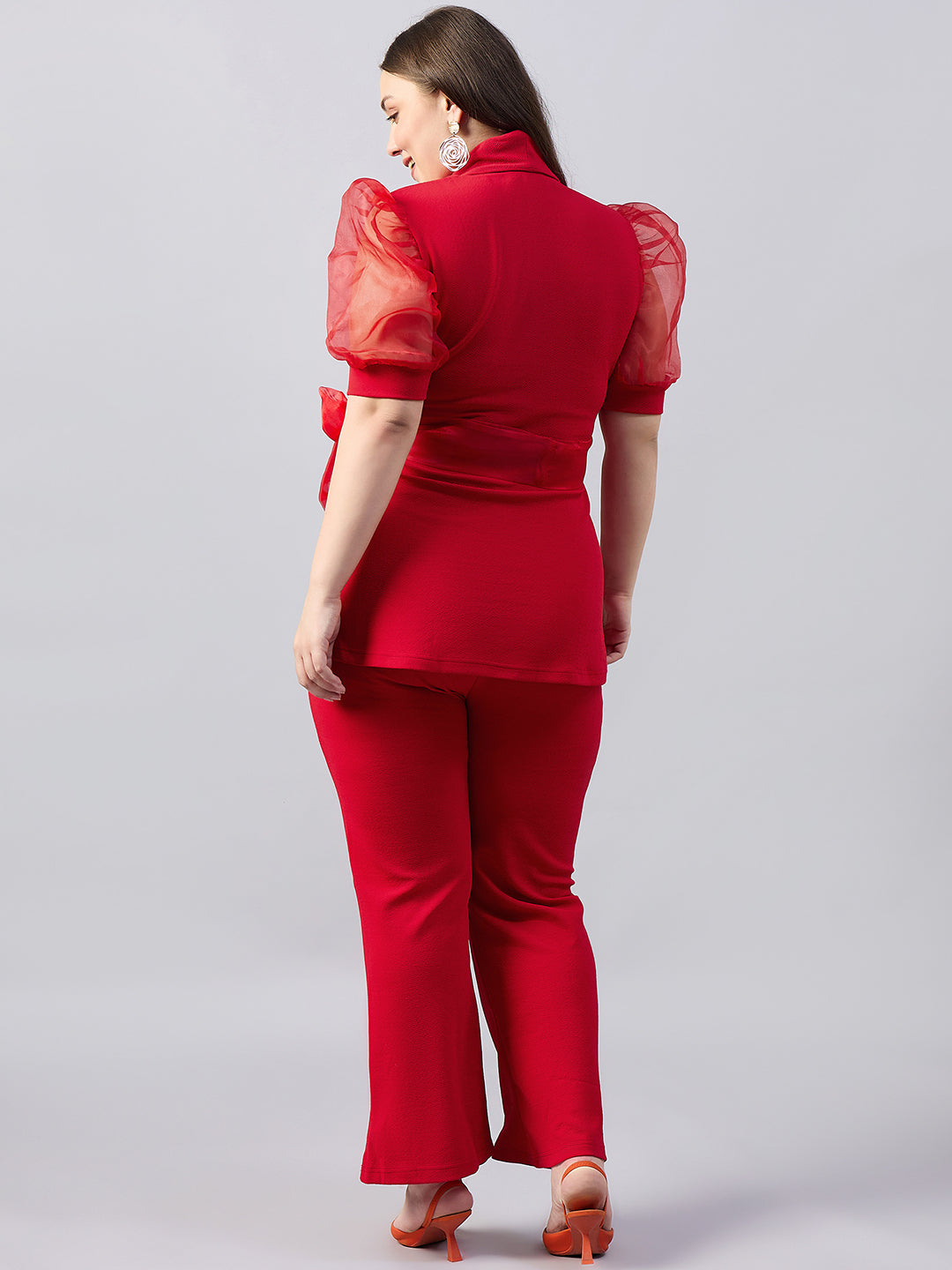 Red Organza Sleeve Lapel Collar Top With Straight Trouser Plus Size Co-Ords