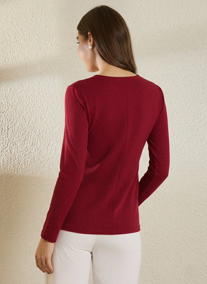 Maroon Glitter Square  Neck  Peplum Top