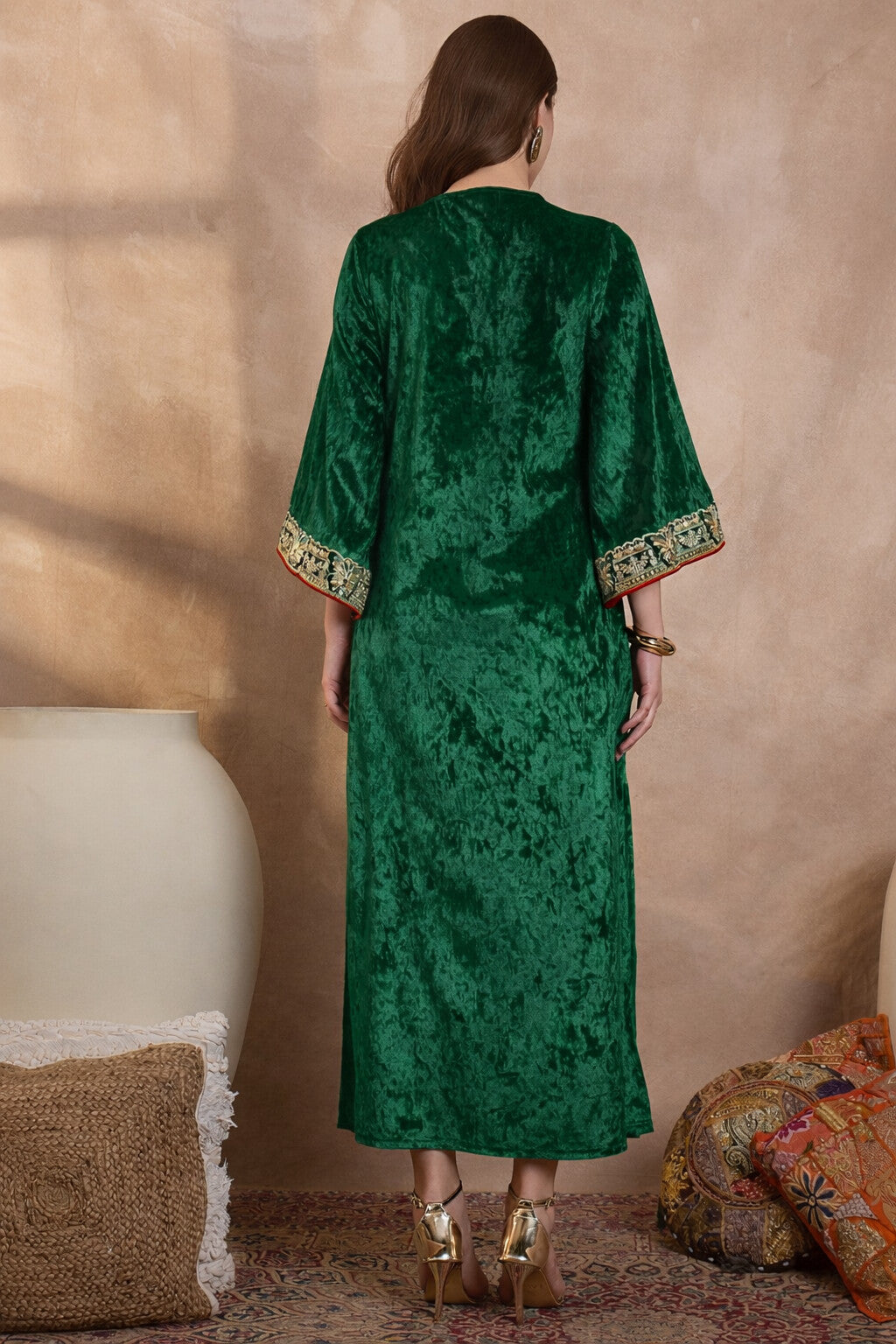 Green V Neck Luxury Velvet Abaya Dress