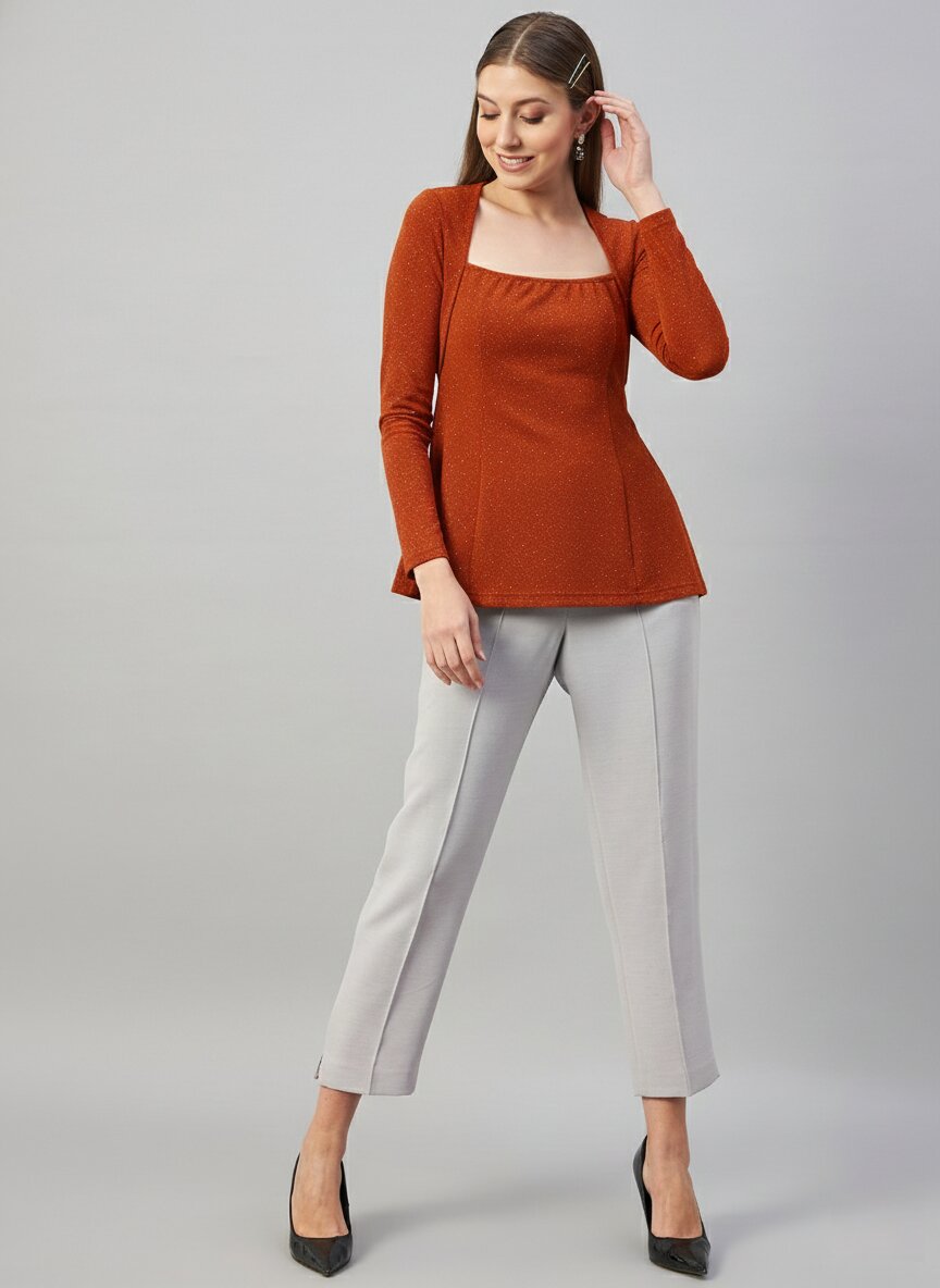 Orange Glitter Square R Neck  Peplum Top