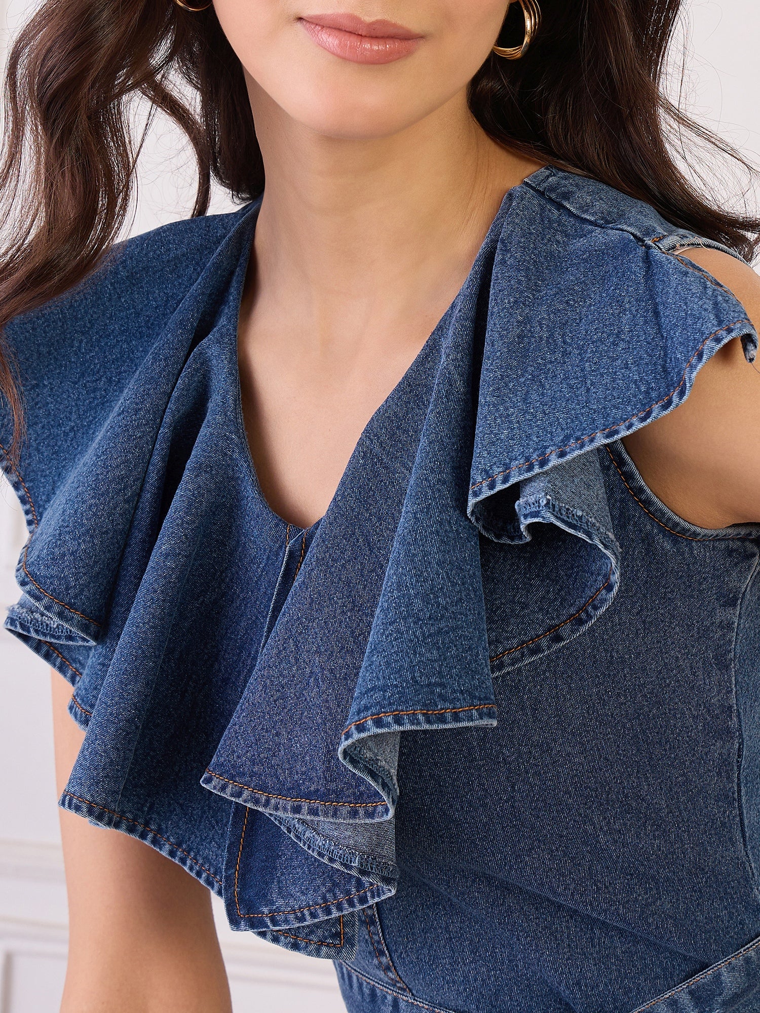 Denim V Neck Ruffle Belted Dress