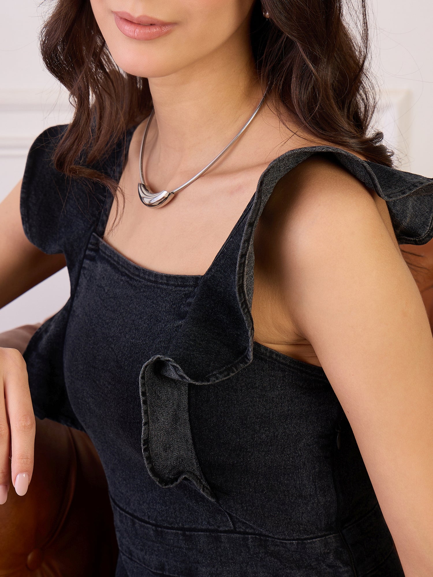 Denim Frill Detail Fit and Flare Dress