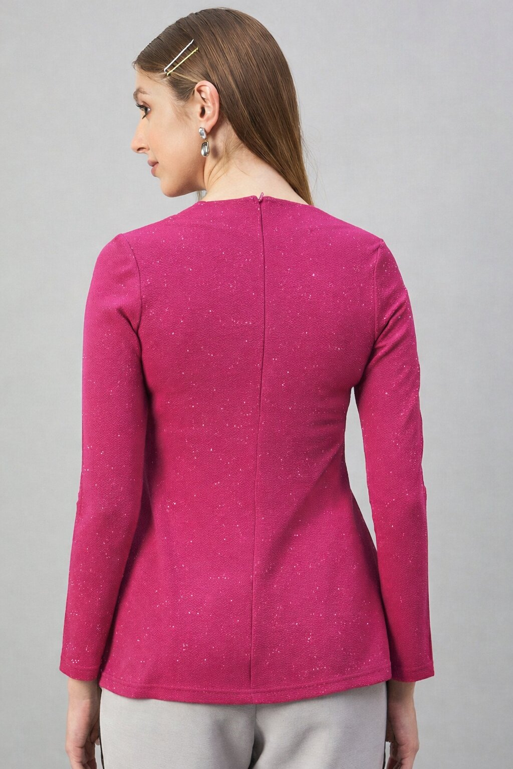 Fuchsia Pink Glitter Square Neck  Peplum Top