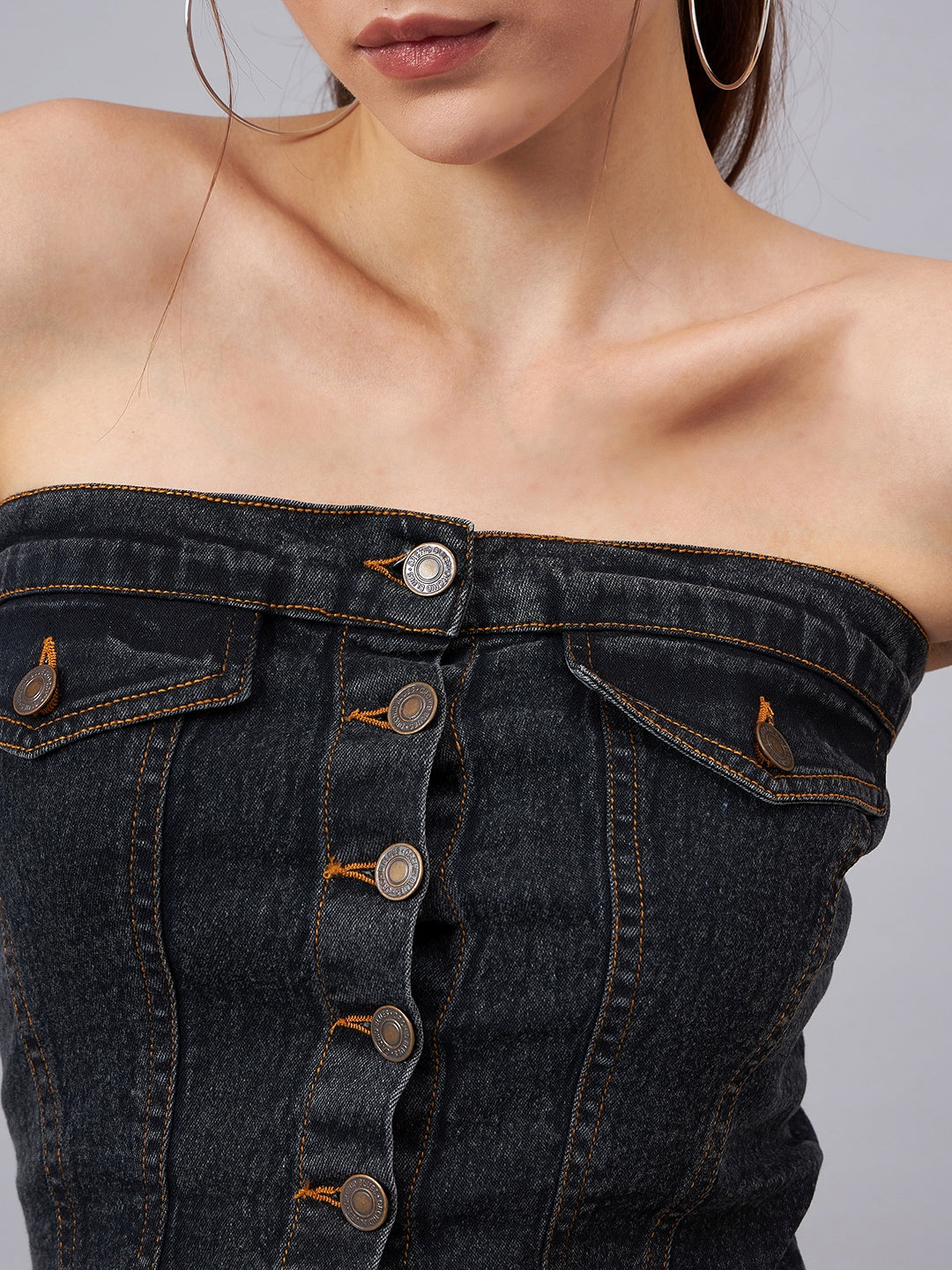 Black Crop Tube Denim Top