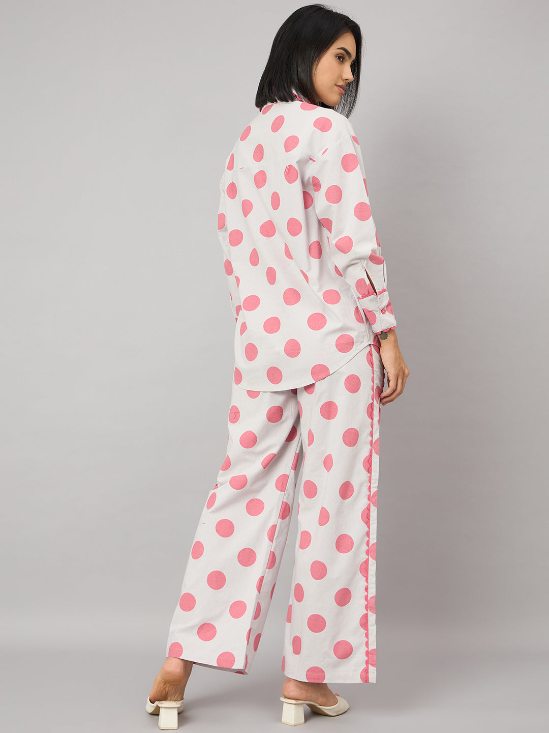 Pink Polka Dot Contrast Lace Shirt With Pant Set