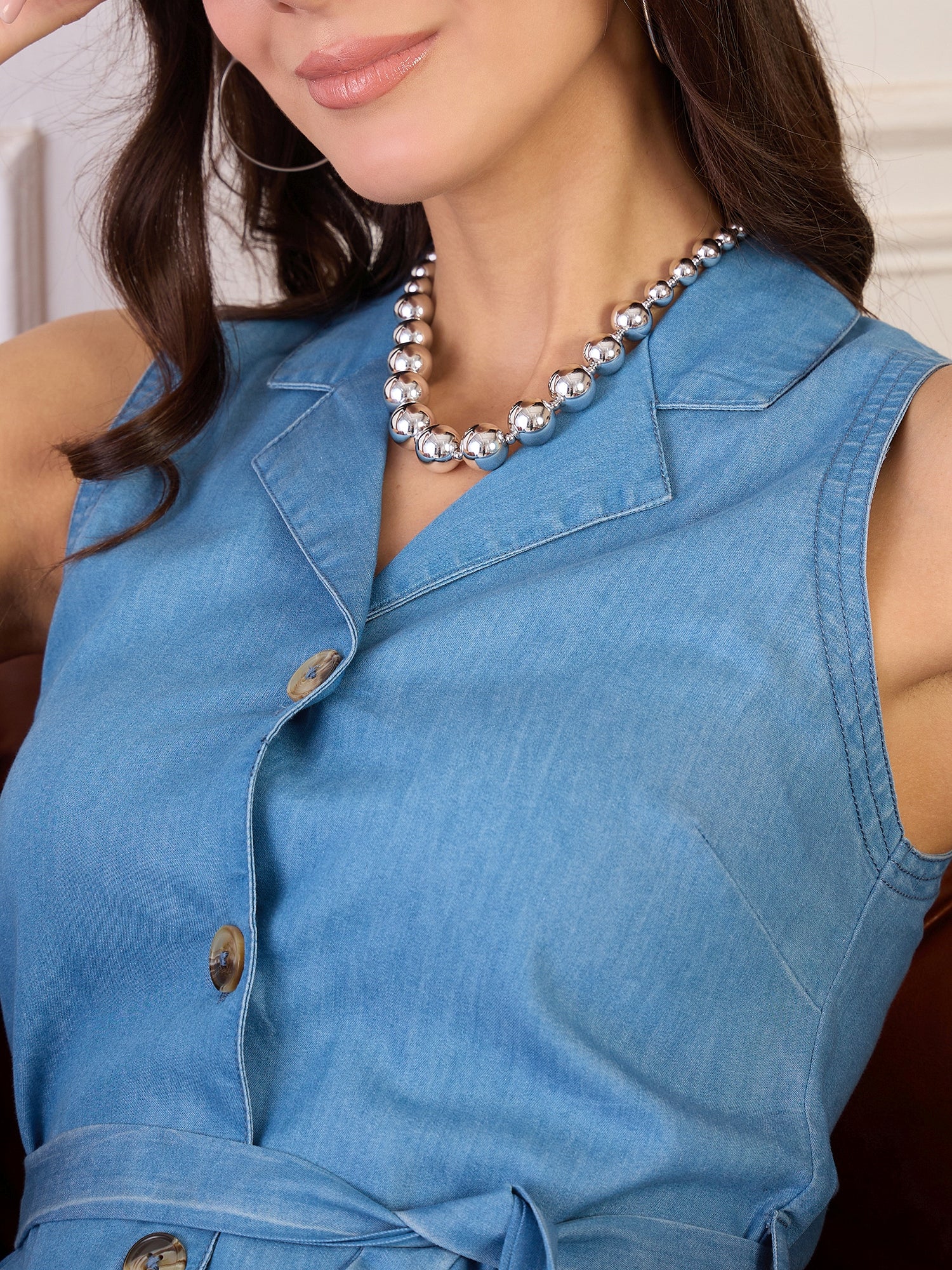 Denim V neck Button Down Collar Dress