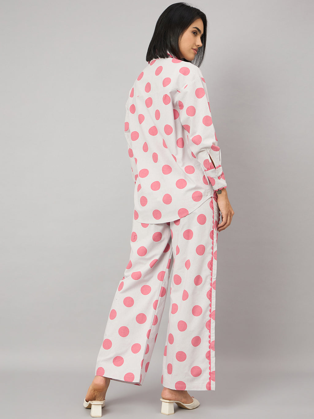 Pink Polka Dot Contrast Lace Shirt With Pant Set