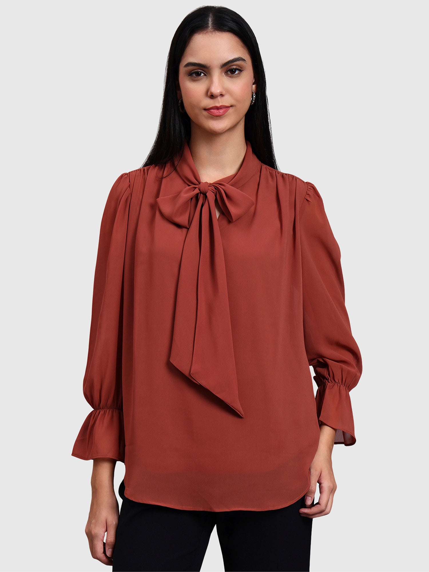Brown Georgette Tie Up Tops