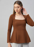 Camel Brown Glitter square Neck  Peplum Top
