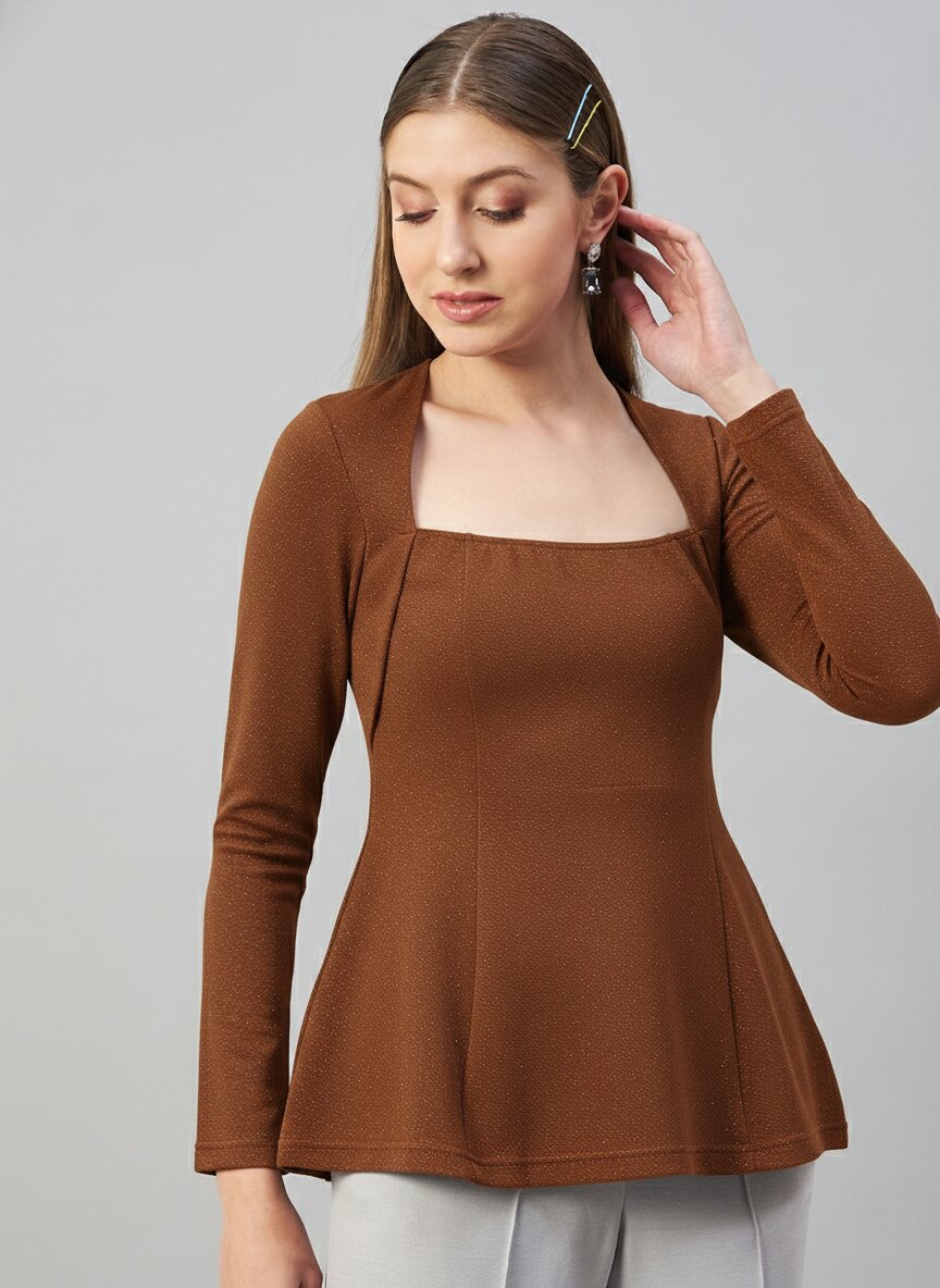 Camel Brown Glitter square Neck  Peplum Top
