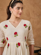 FLORAL EMB PURE COTTON FIT & FLARE DRESS