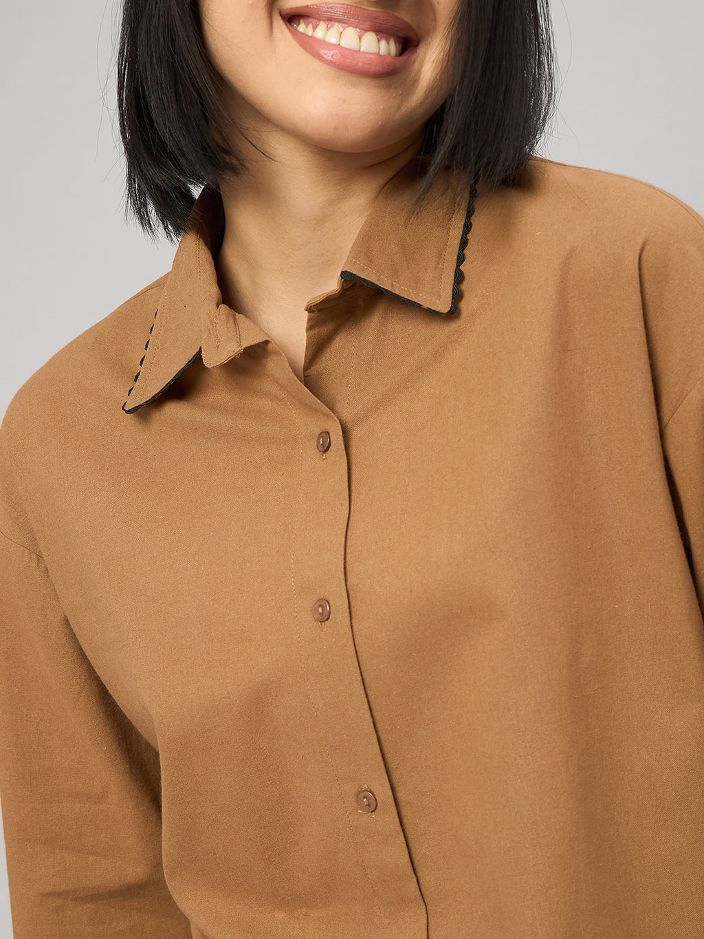 Camel Brown Contrast Lace Shirt With Pant Set