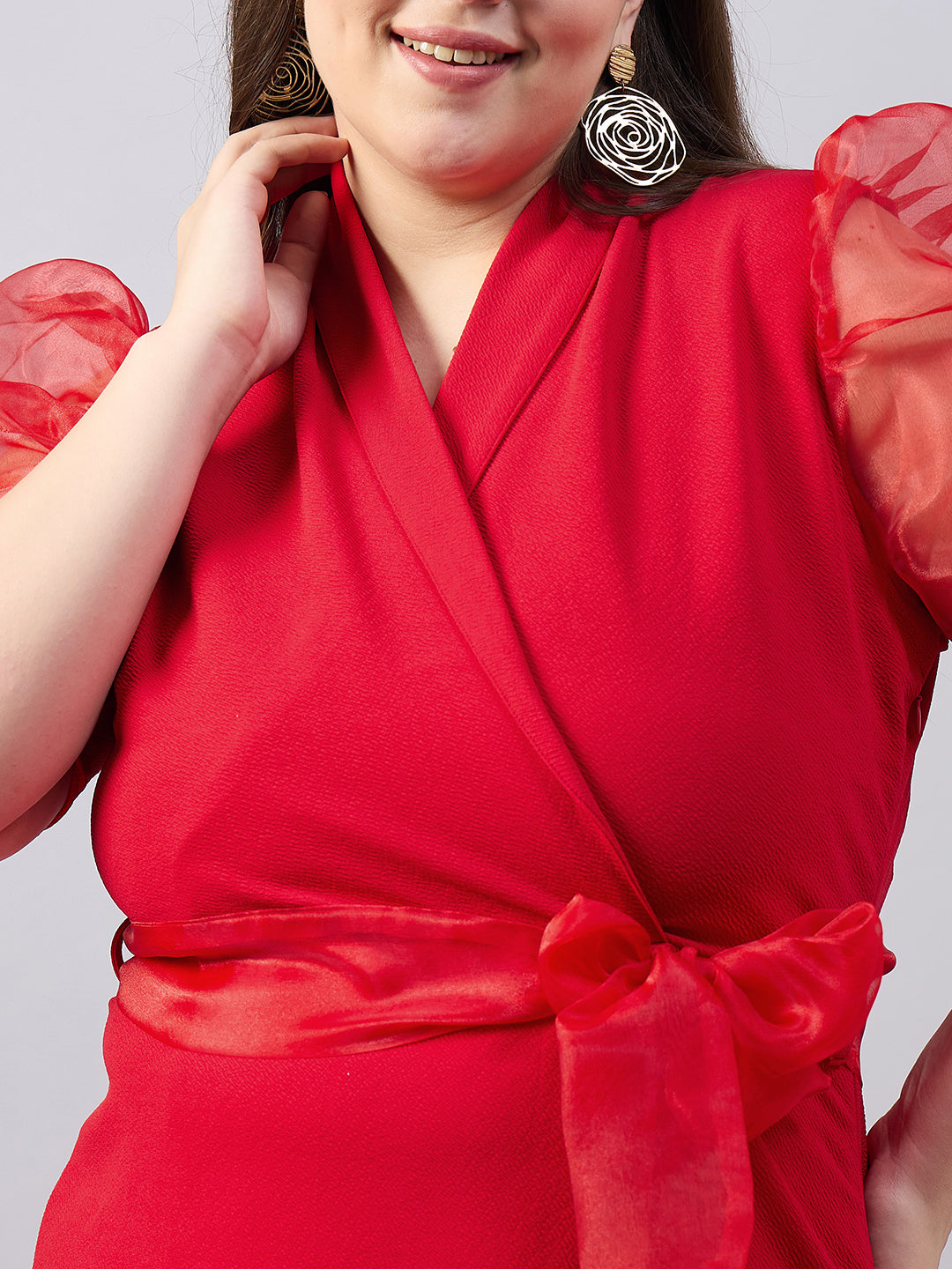 Red Organza Sleeve Lapel Collar Top With Straight Trouser Plus Size Co-Ords