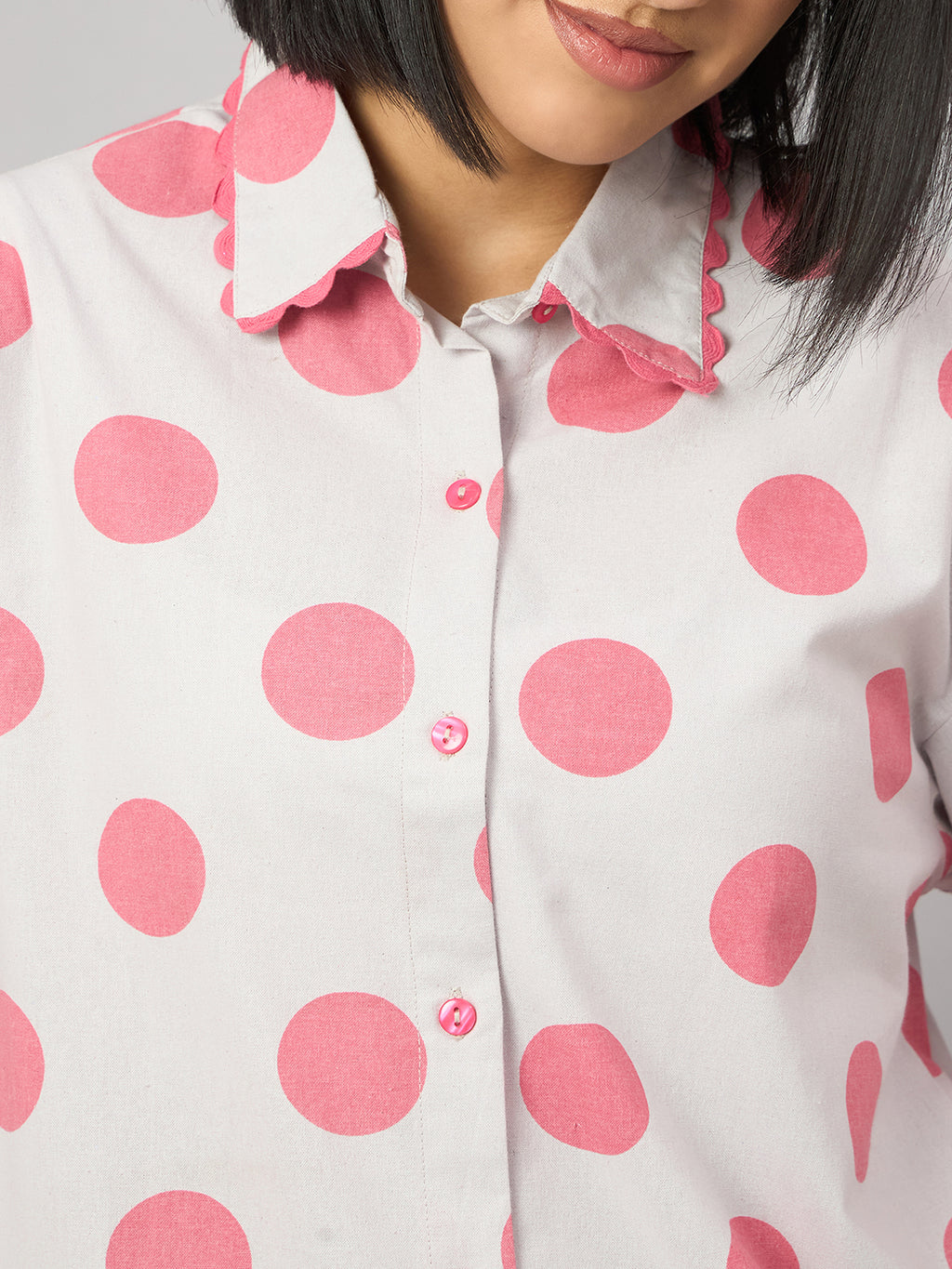 Pink Polka Dot Contrast Lace Shirt With Pant Set