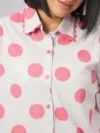 Pink Polka Dot Contrast Lace Shirt With Pant Set