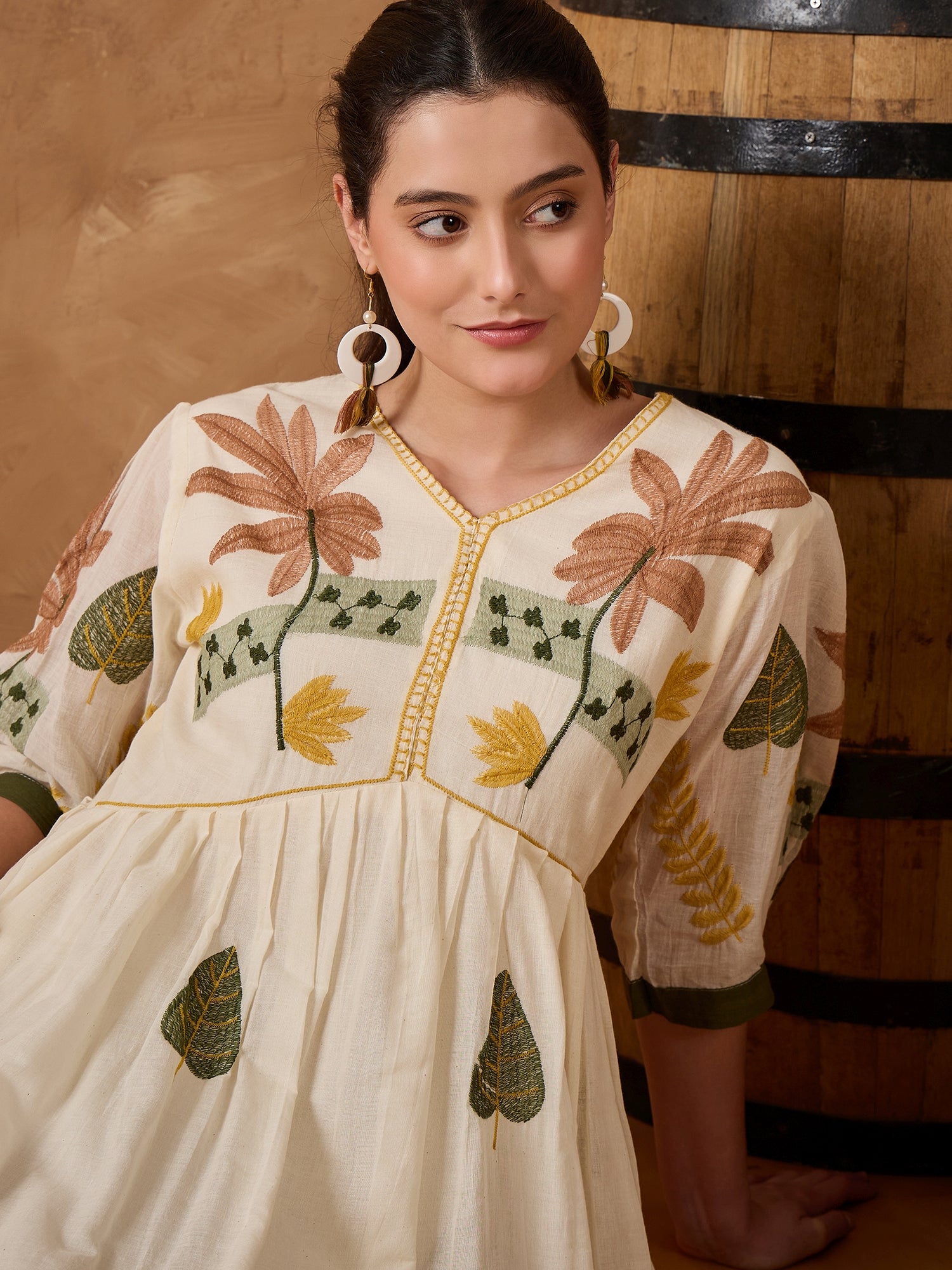 MULTI EMB PURE COTTON FIT & FLARE DRESS