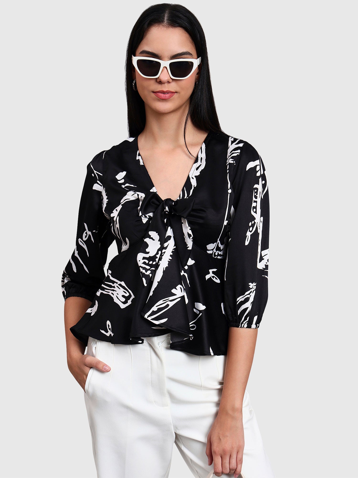 Black V Neck Printed Top