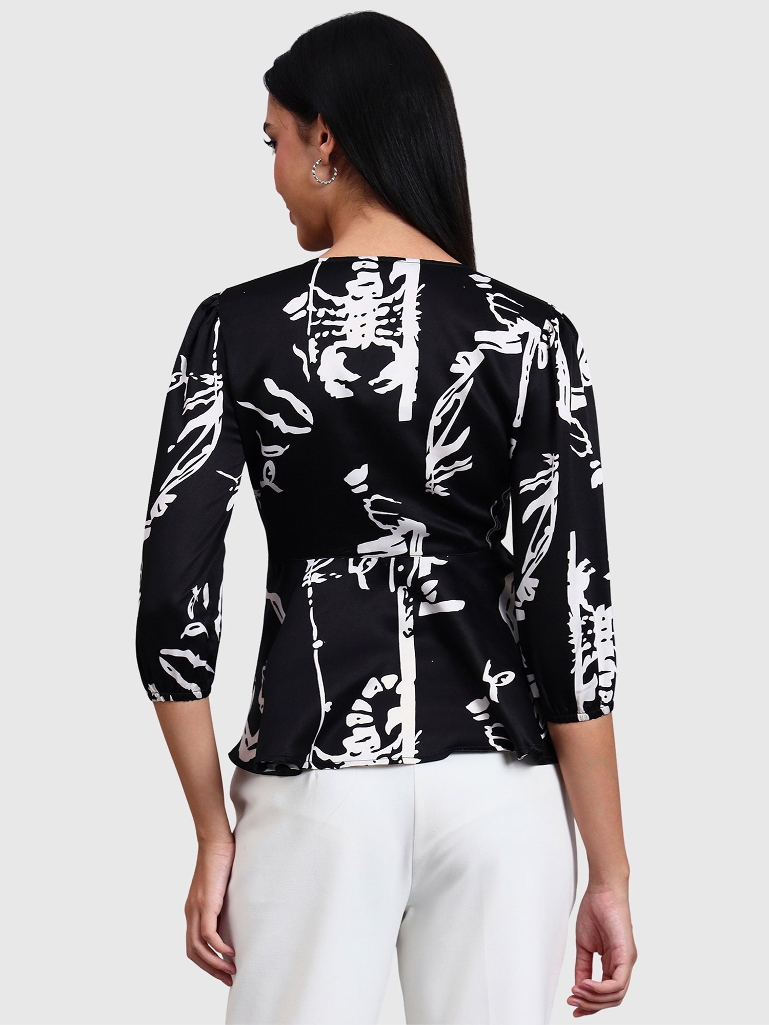 Black V Neck Printed Top