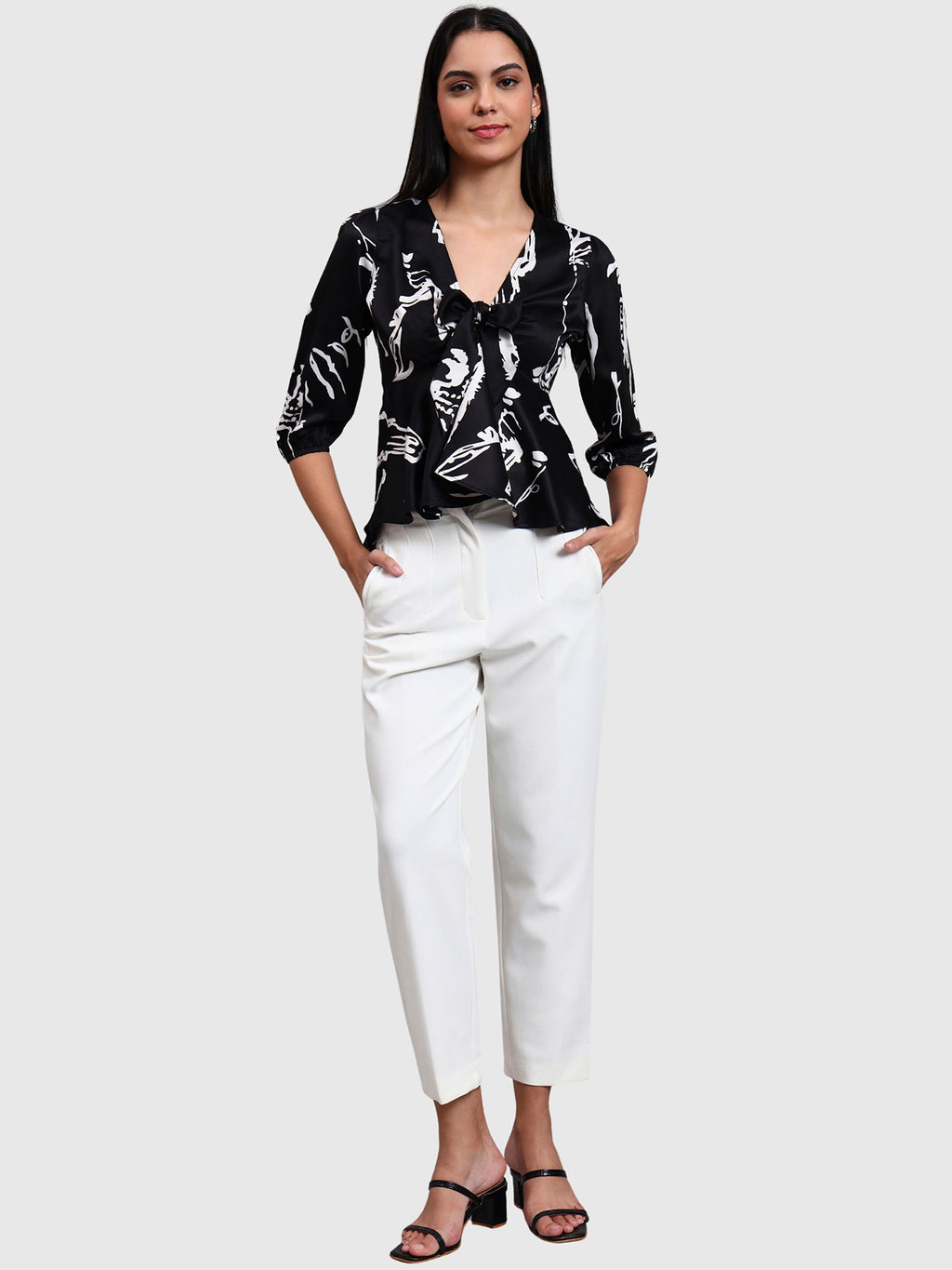 Black V Neck Printed Top