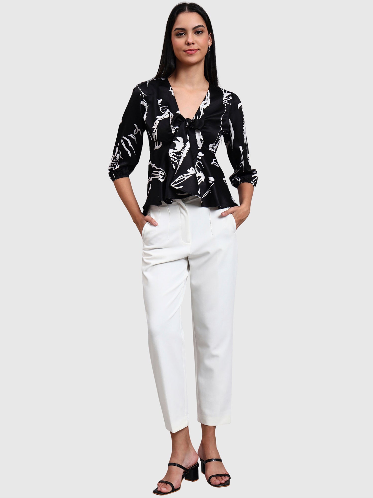 Black V Neck Printed Top