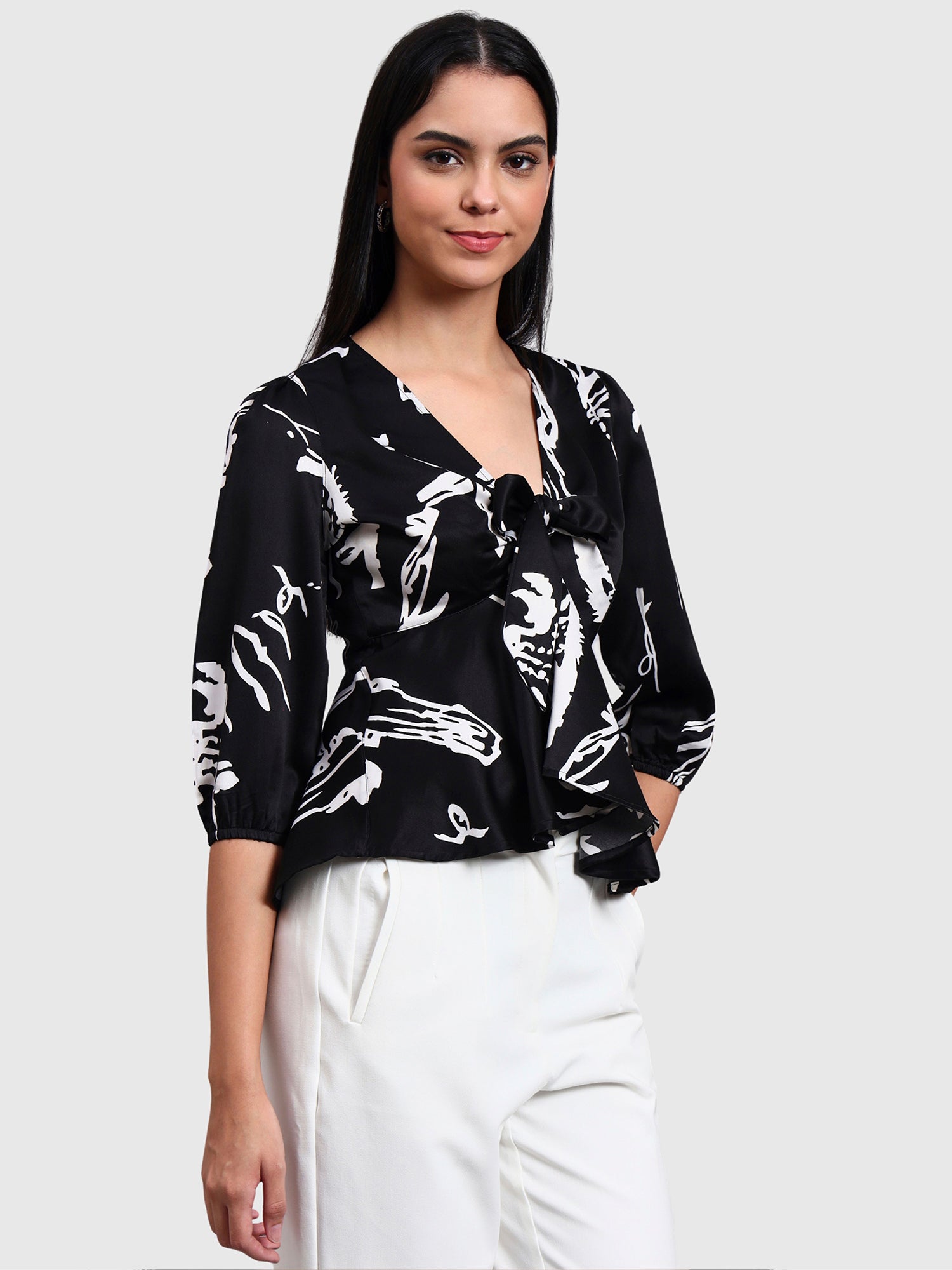 Black V Neck Printed Top