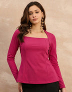 Fuchsia Pink Glitter Square Neck  Peplum Top