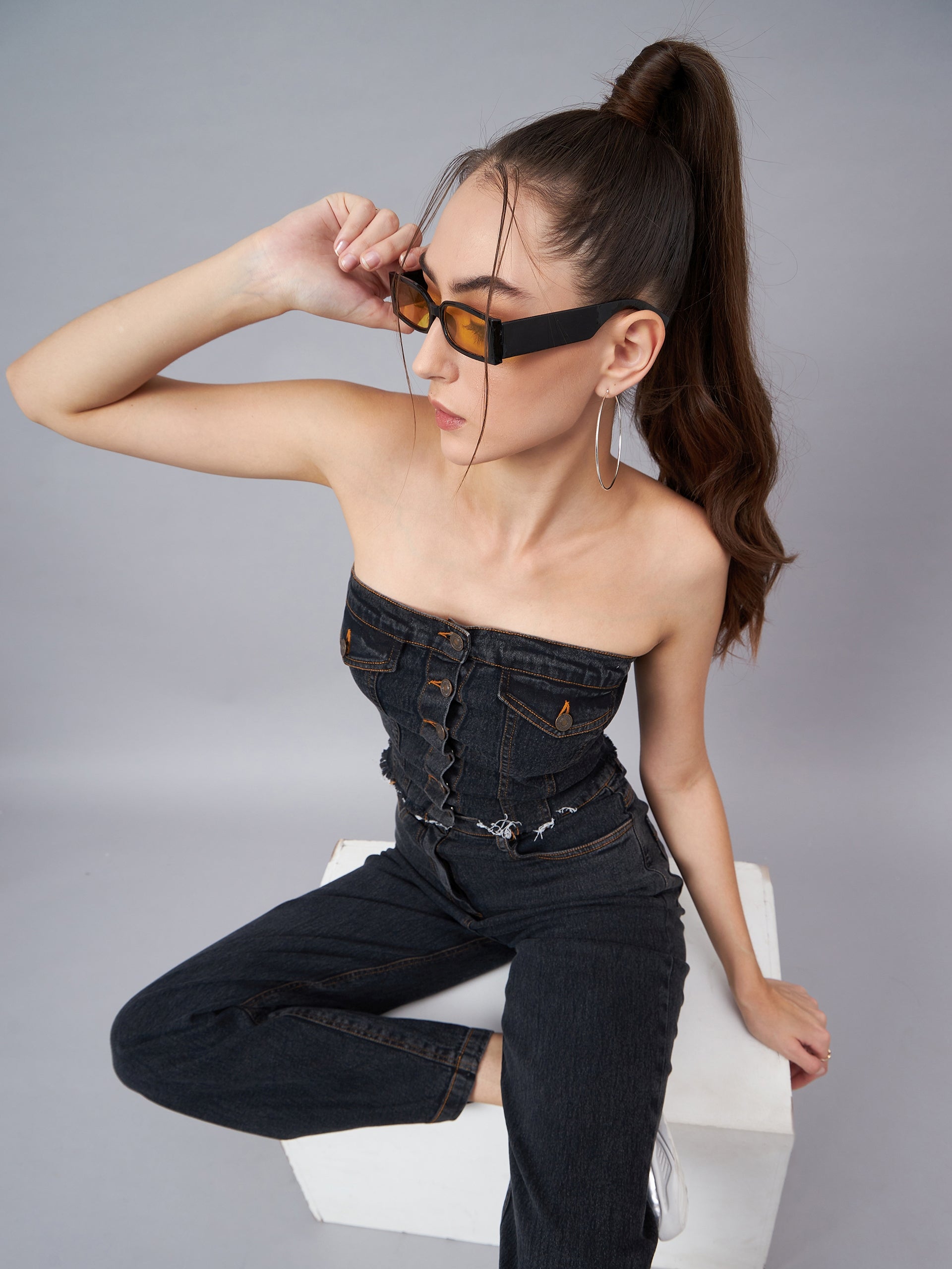 Black Crop Tube Denim Top
