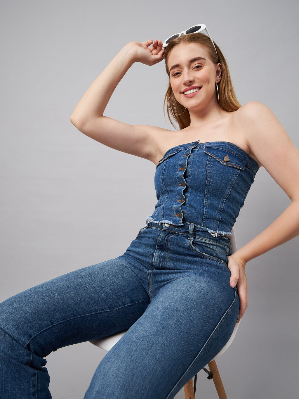 Blue Crop Tube Denim Top