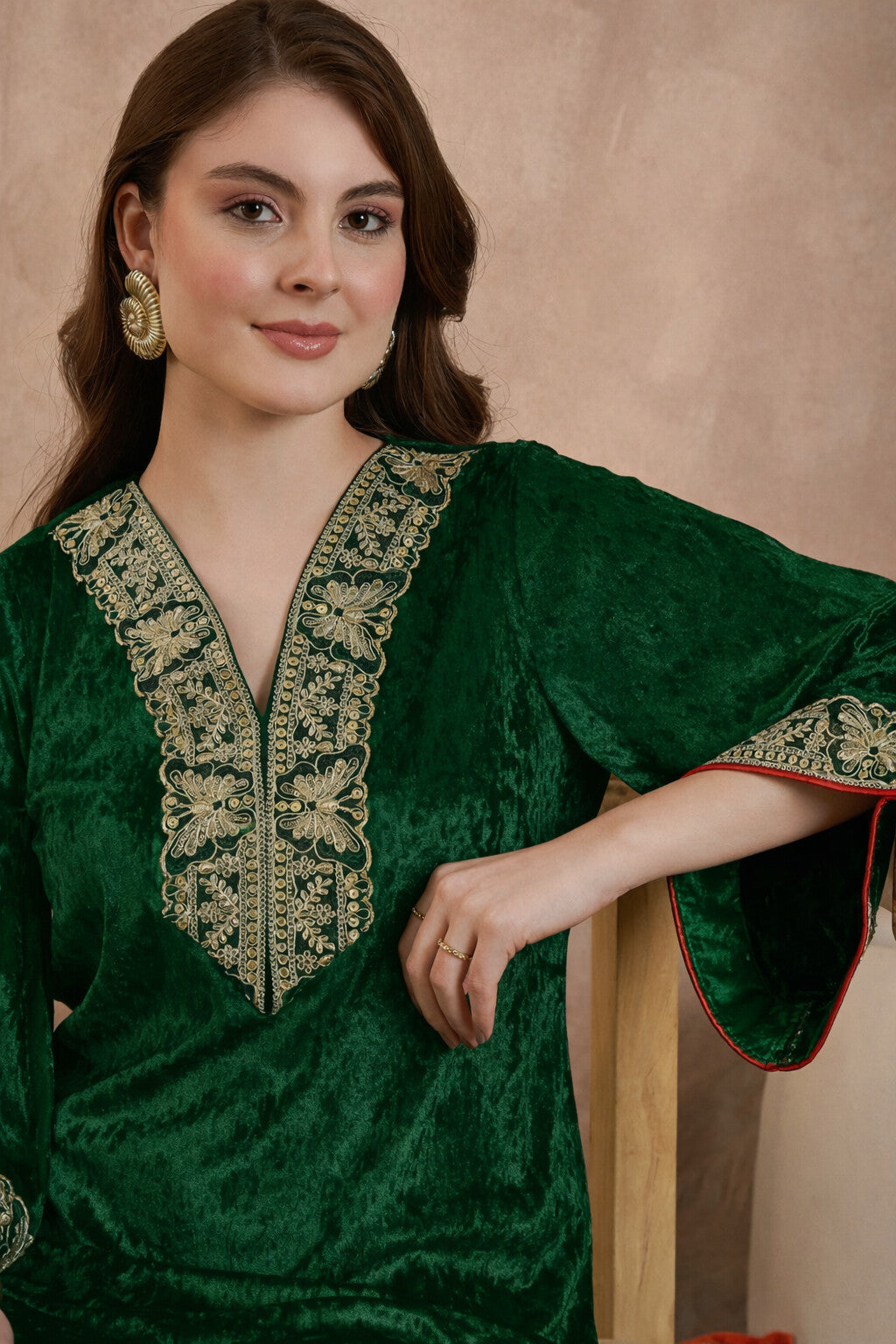 Green V Neck Luxury Velvet Abaya Dress