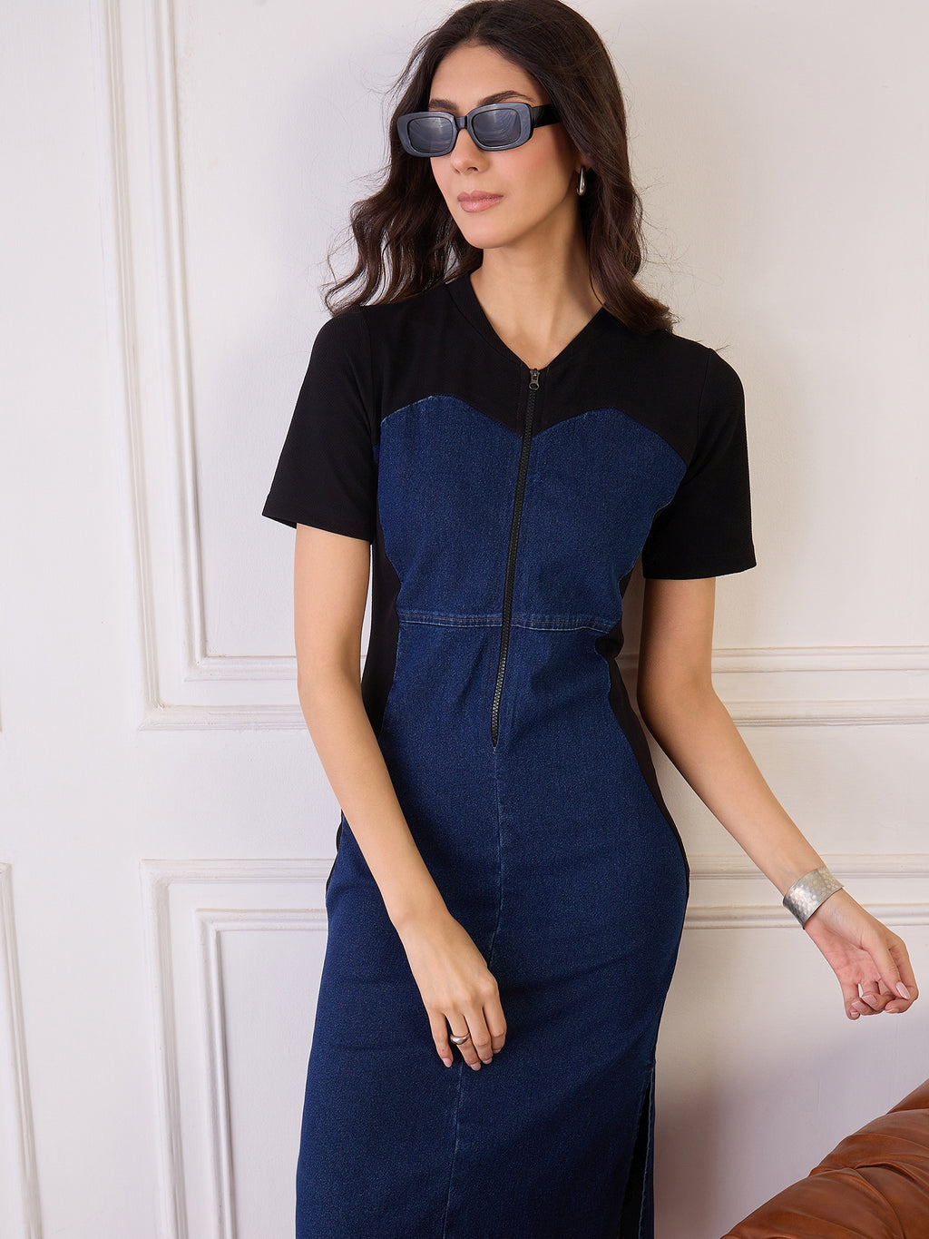 Denim Colour Block Zipper Dress