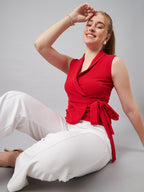 Red V Neck Sleeveless Wrap Top