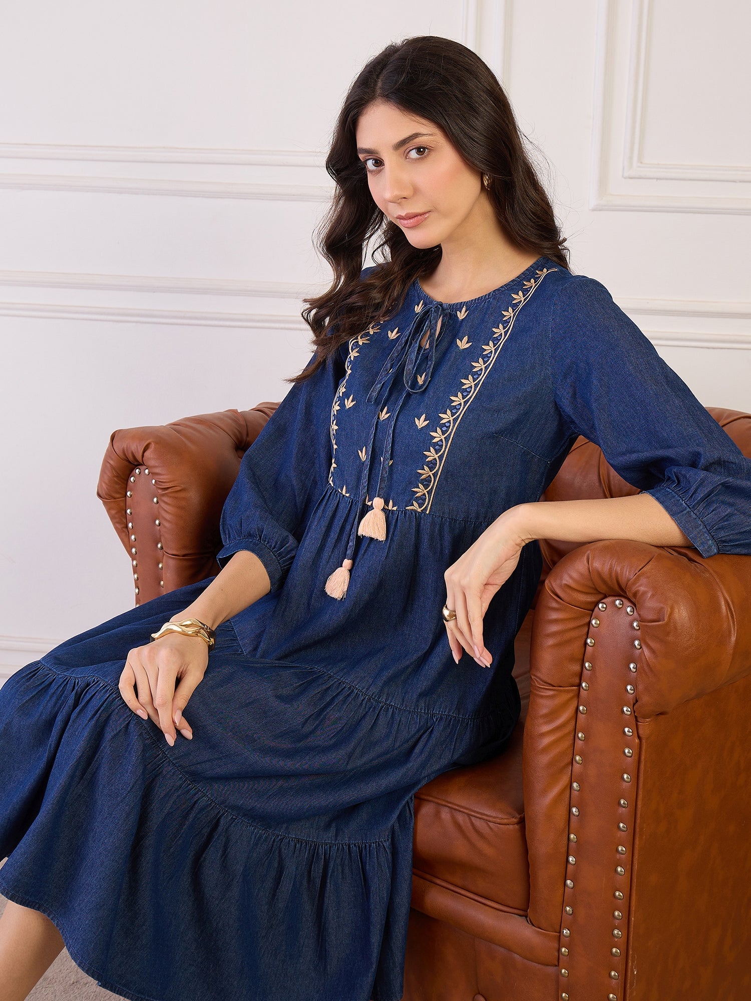DENIM BLUE EMBROIDERED TIERED A - LINE DRESS