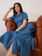 BLUE COLLAR NECK TIERED DRESS