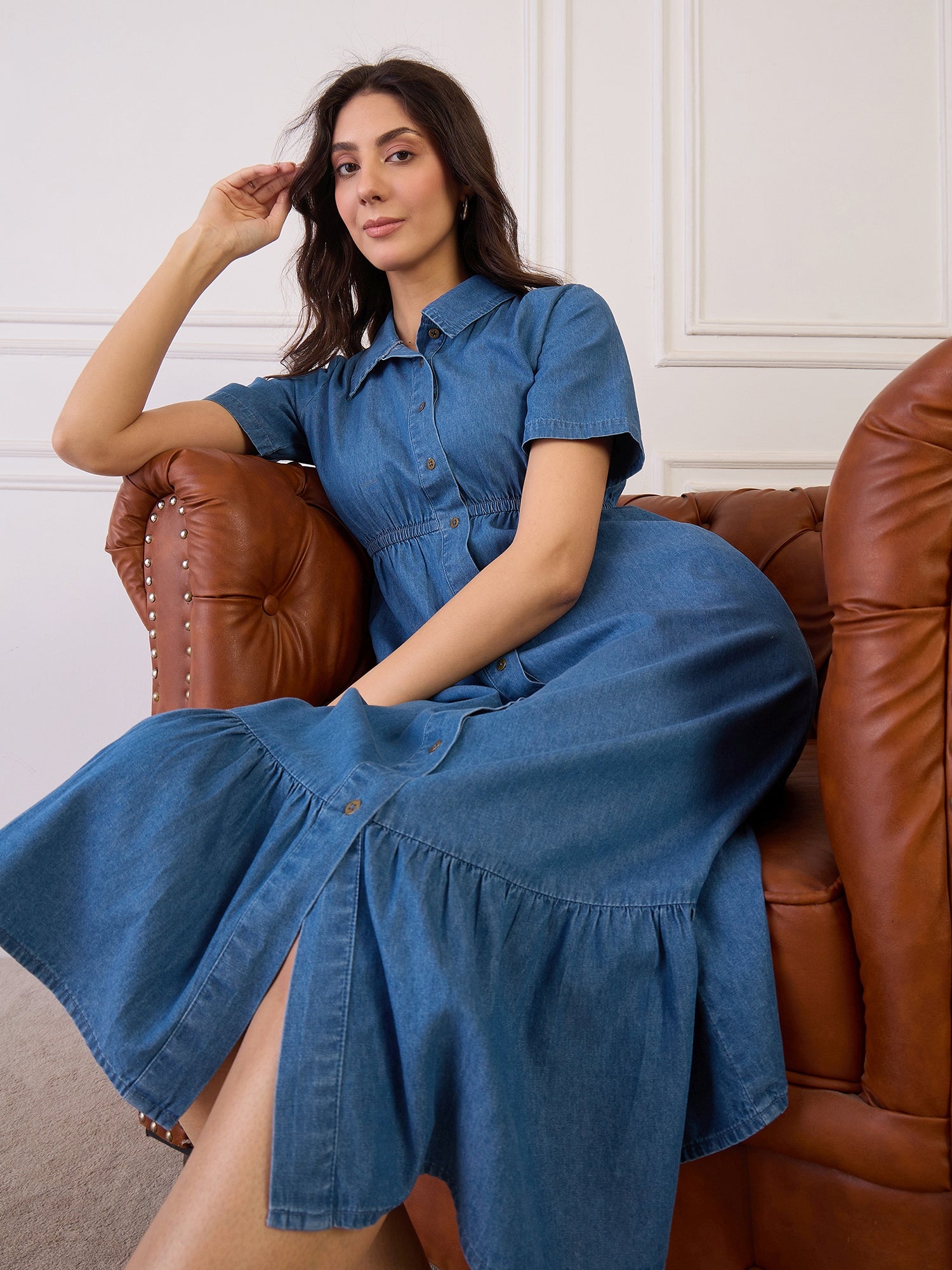 BLUE COLLAR NECK TIERED DRESS