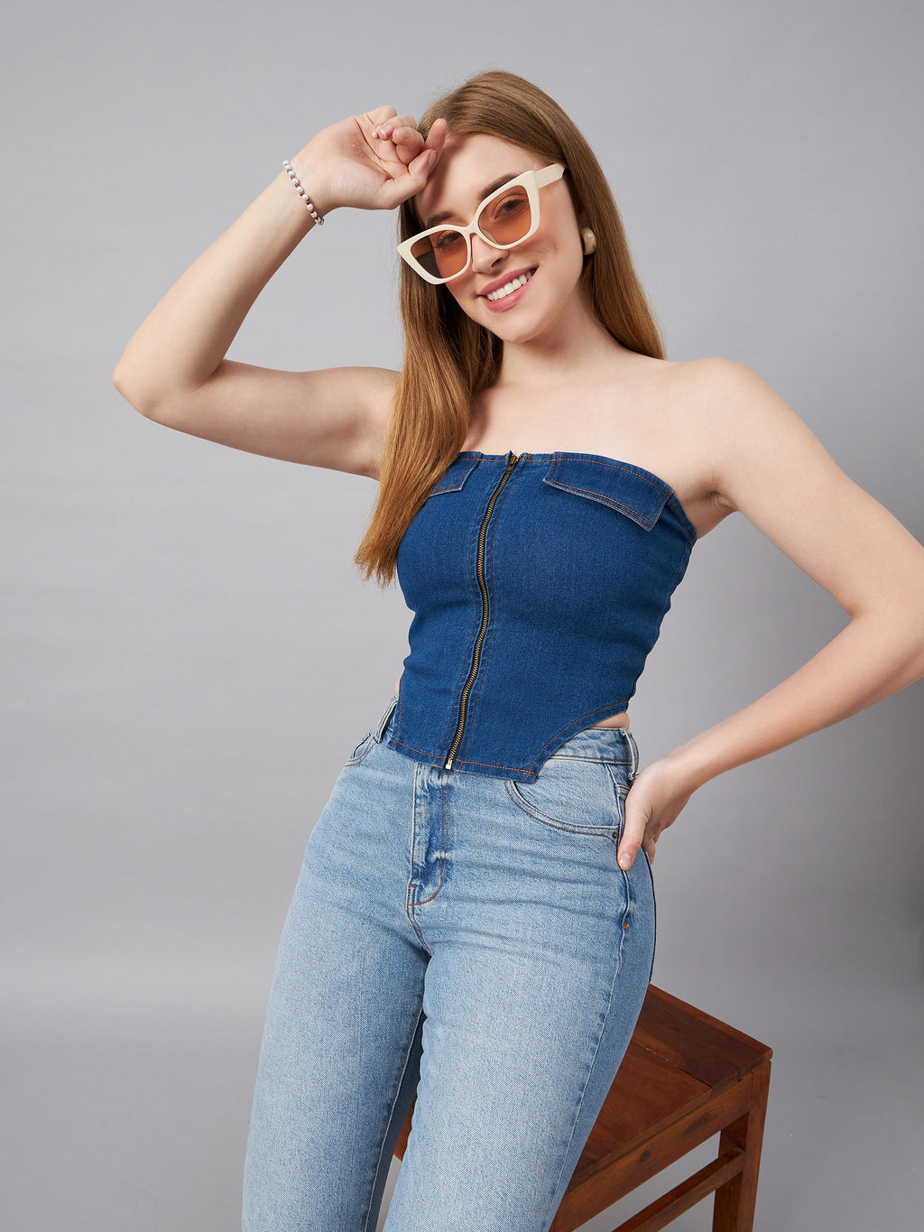 Blue Front Zip Tube Top