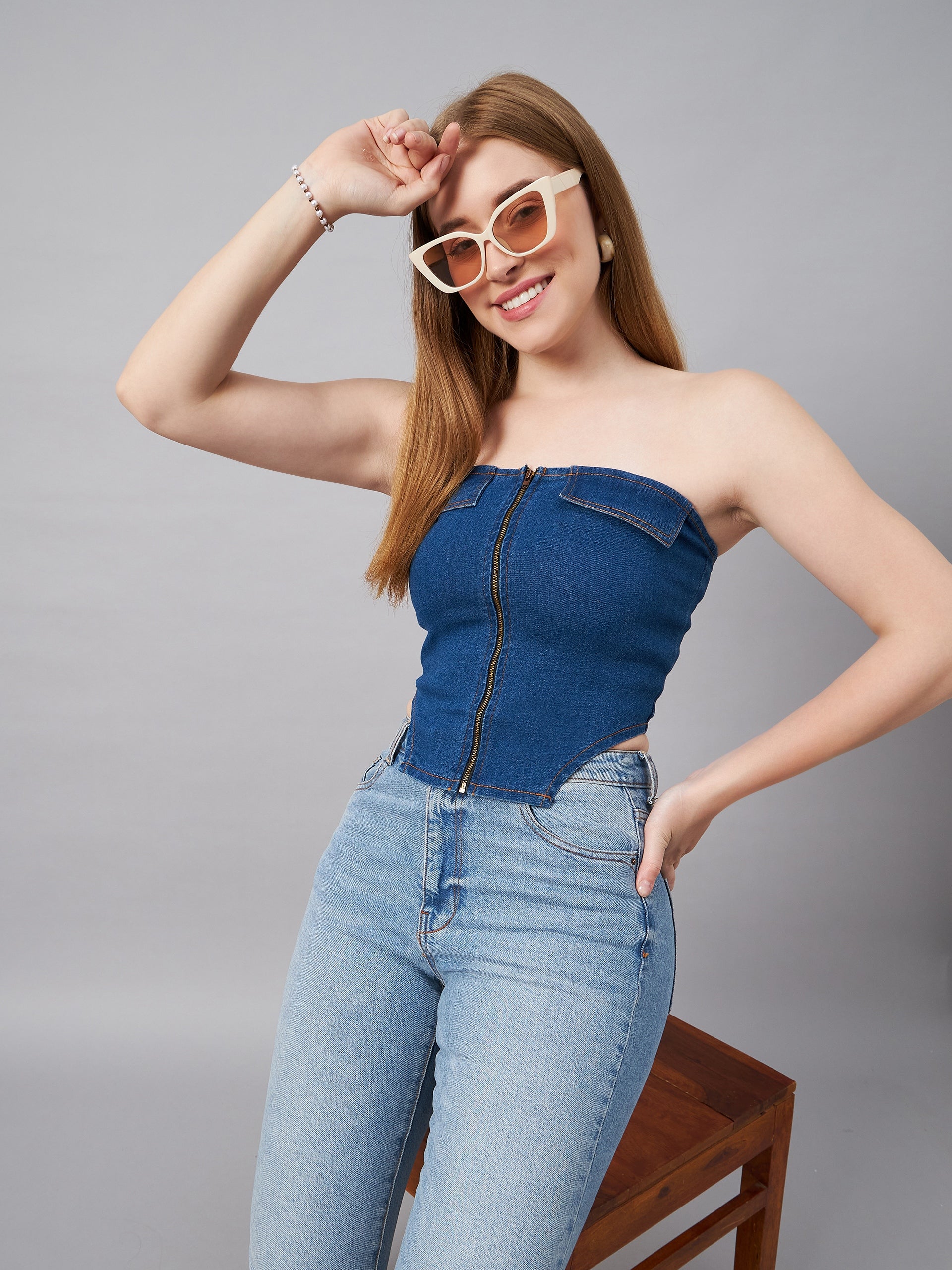 Blue Front Zip Tube Top